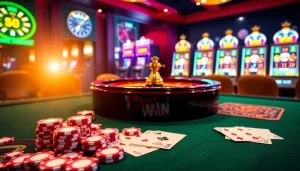 A luxurious LuckyWin casino scene showcasing roulette, cards, and vibrant slot machines.