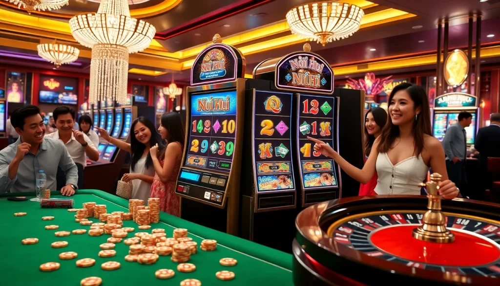 Excited players engaging with a vibrant nổ hũ slot machine in a luxurious casino.