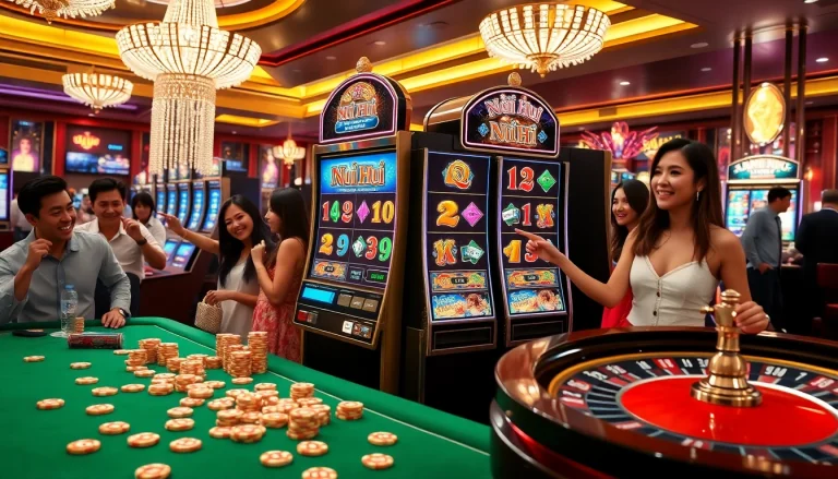 Excited players engaging with a vibrant nổ hũ slot machine in a luxurious casino.