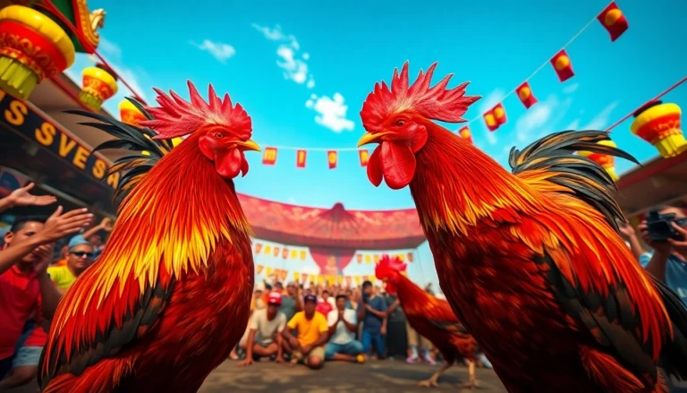 Experience the thrilling atmosphere of cockfighting at sv368win.live, with vibrant roosters and an energetic crowd.