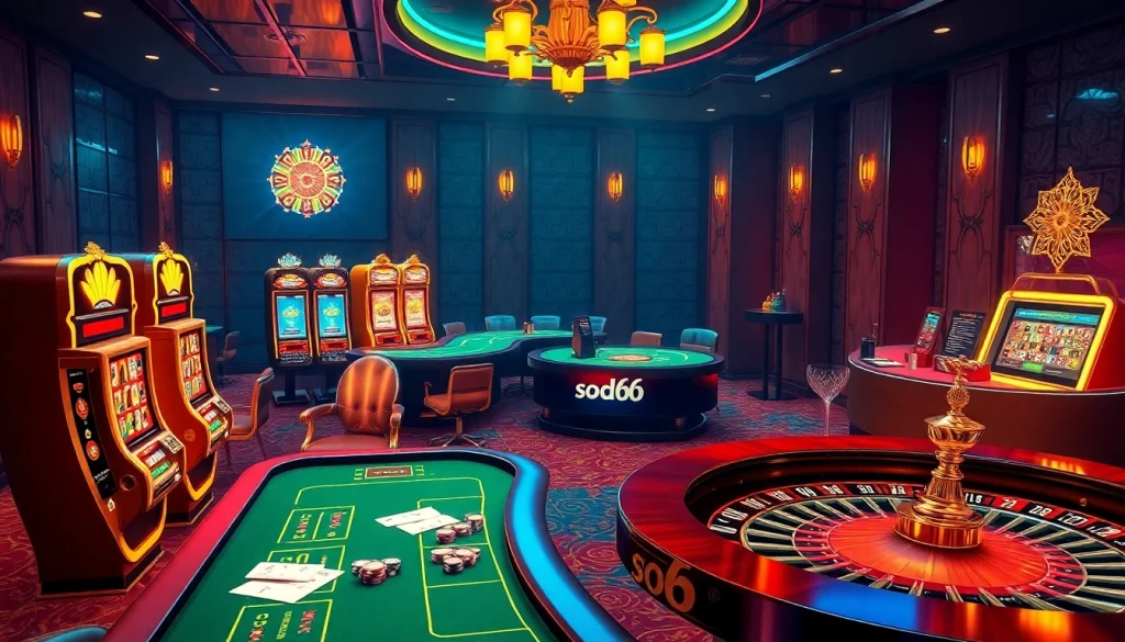 Sodo66 casino scene showcasing luxury gambling with poker tables, slot machines, and roulette
