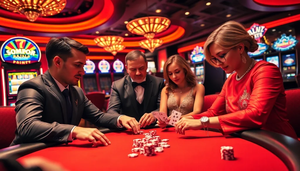 SODO casino scene with players at a high-stakes poker table, showcasing excitement and luxury.