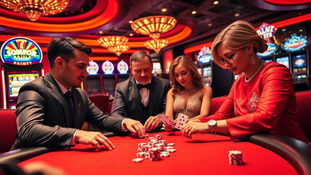 SODO casino scene with players at a high-stakes poker table, showcasing excitement and luxury.