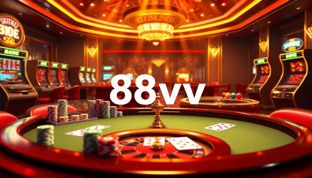 Feel the excitement at 88vv online casino with vibrant poker chips and roulette spinning.