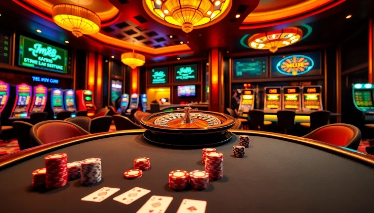 Gamblers enjoying high-stakes poker at https://mm88.global/ casino, surrounded by vibrant roulette wheels and sleek slot machines.