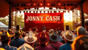 Celebration scene of Johnny Cash's legacy at johnnycashbirthday.com event.