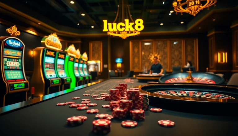 Luck8 casino scene showcasing thrilling gaming action with poker chips and slot machines.