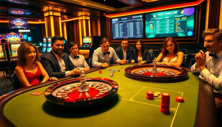 Gamblers engaging at a luxurious poker table with XX88 branding, showcasing excitement and strategy.