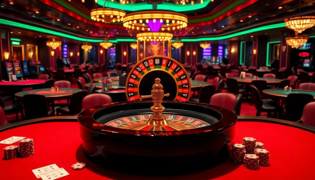 Experience the thrill of gaming with the J8 roulette wheel amidst luxurious casino tables.