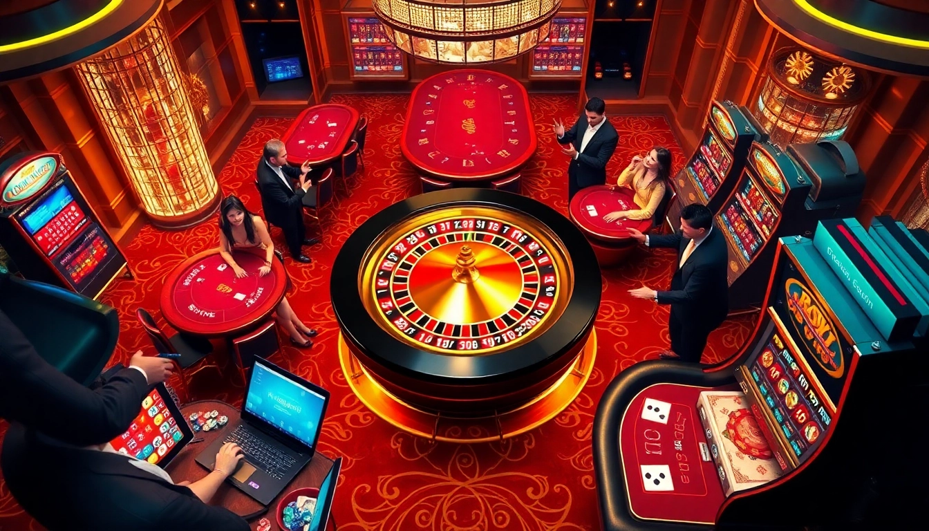 Engage in thrilling gameplay at https://rr88it.com/, featuring a vibrant casino scene with roulette and poker tables.