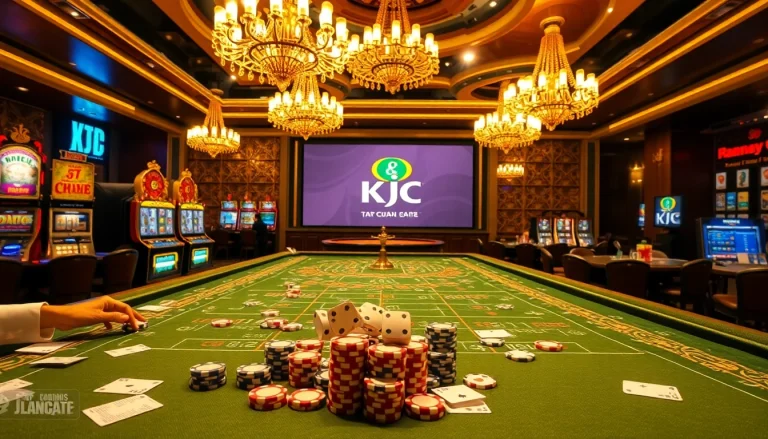 Exciting gaming scene at Tập đoàn KJC's luxurious casino with dice rolls and vibrant poker chips.