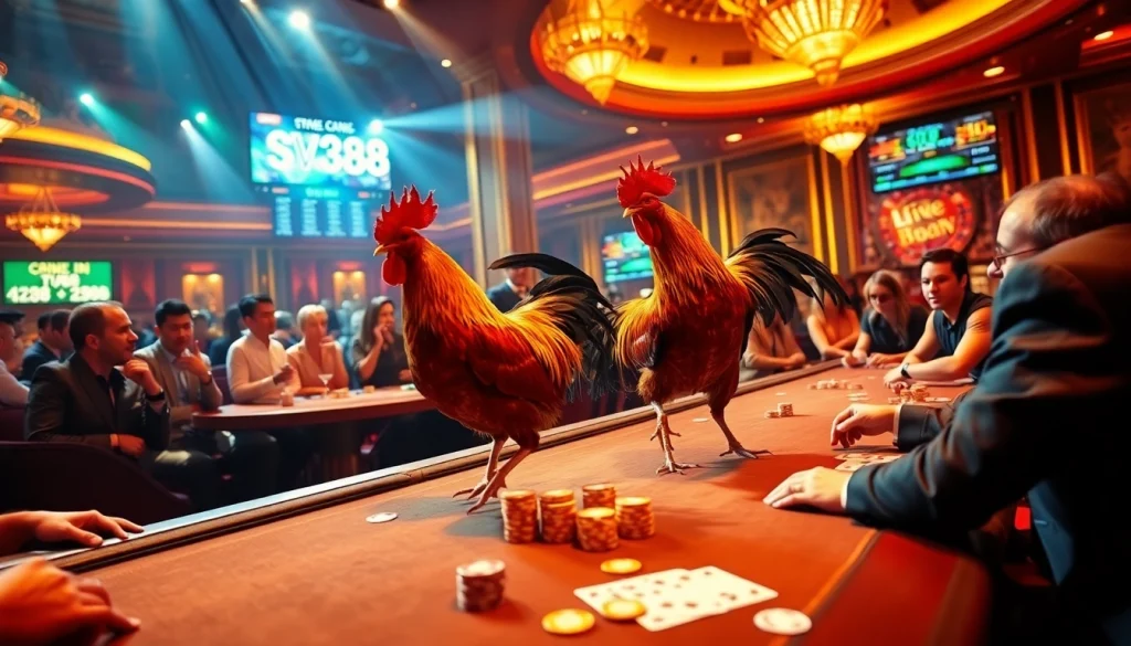 Experience the excitement of SV388 with a lively cockfighting match in a luxurious casino setting.
