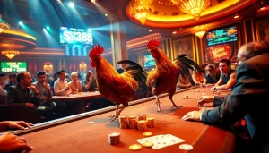 Experience the excitement of SV388 with a lively cockfighting match in a luxurious casino setting.