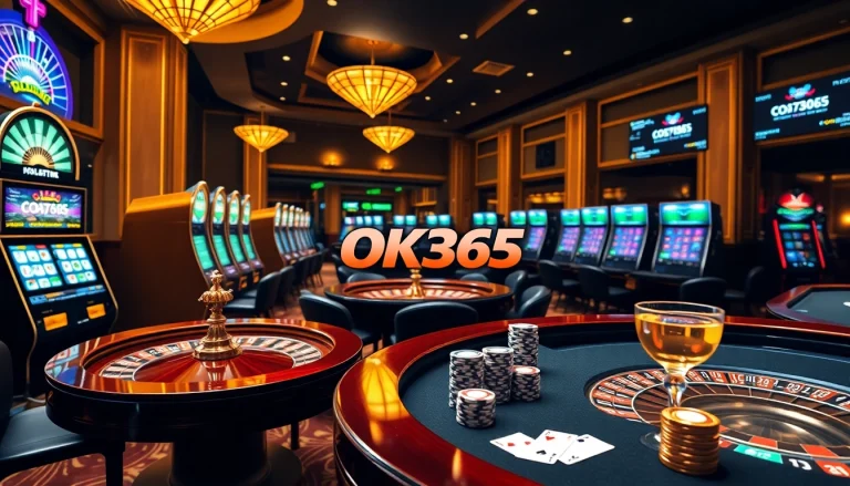 Engaging scene of gamblers enjoying various games at OK365 online casino.