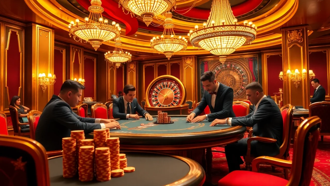 Engaging poker players at a luxurious casino table, highlighting the thrill of 99win gaming.