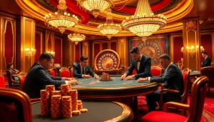 Engaging poker players at a luxurious casino table, highlighting the thrill of 99win gaming.