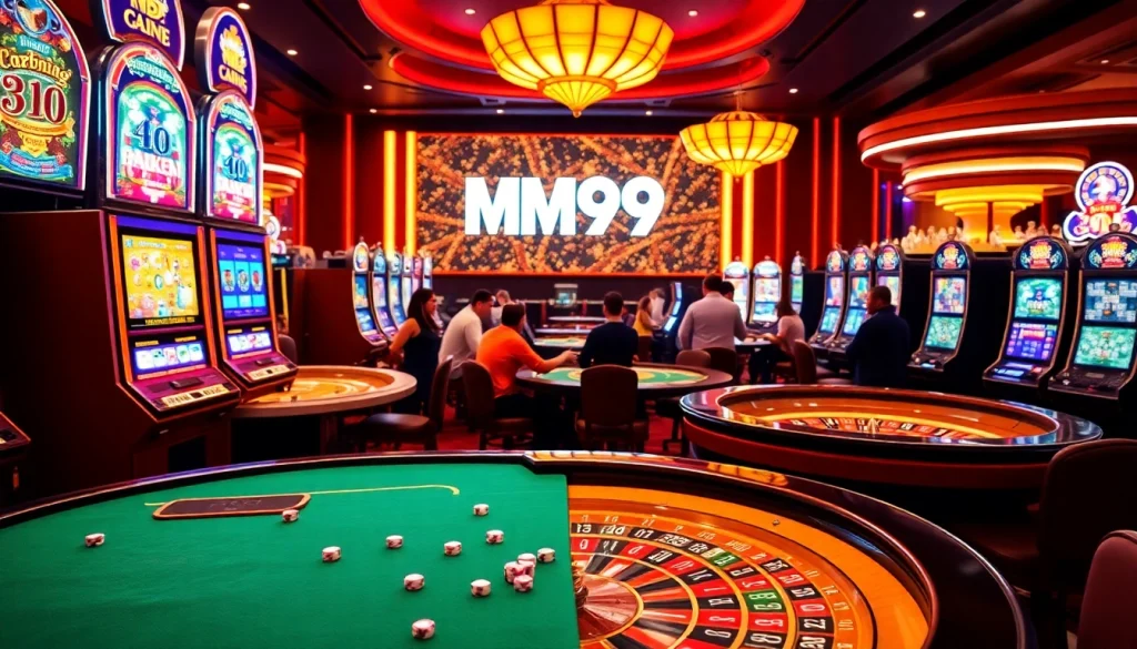 MM99 players enjoying a dynamic casino experience with vibrant gaming tables and slot machines.