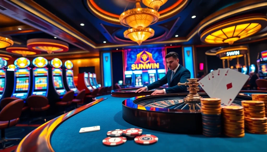 Experience the thrill of SUNWIN with professional dealers and vibrant slot machines at a luxury casino.