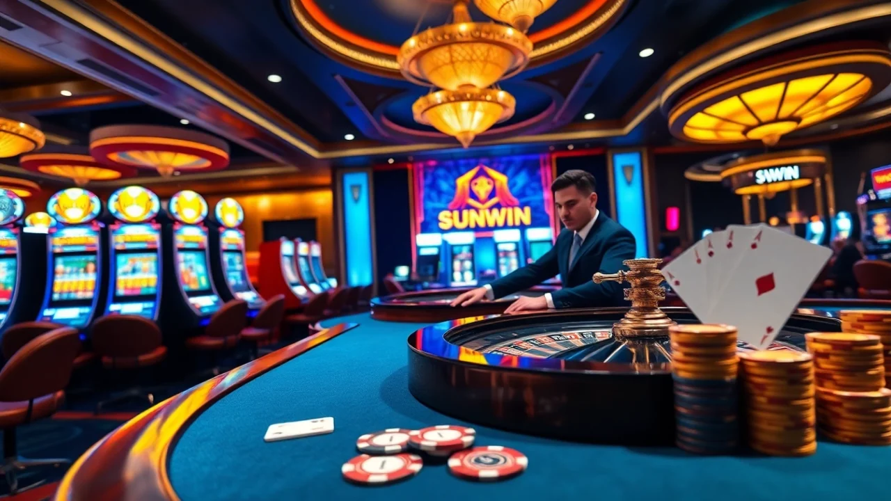 Experience the thrill of SUNWIN with professional dealers and vibrant slot machines at a luxury casino.