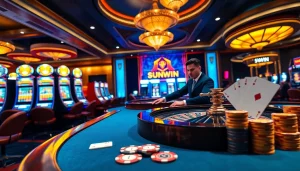 Experience the thrill of SUNWIN with professional dealers and vibrant slot machines at a luxury casino.