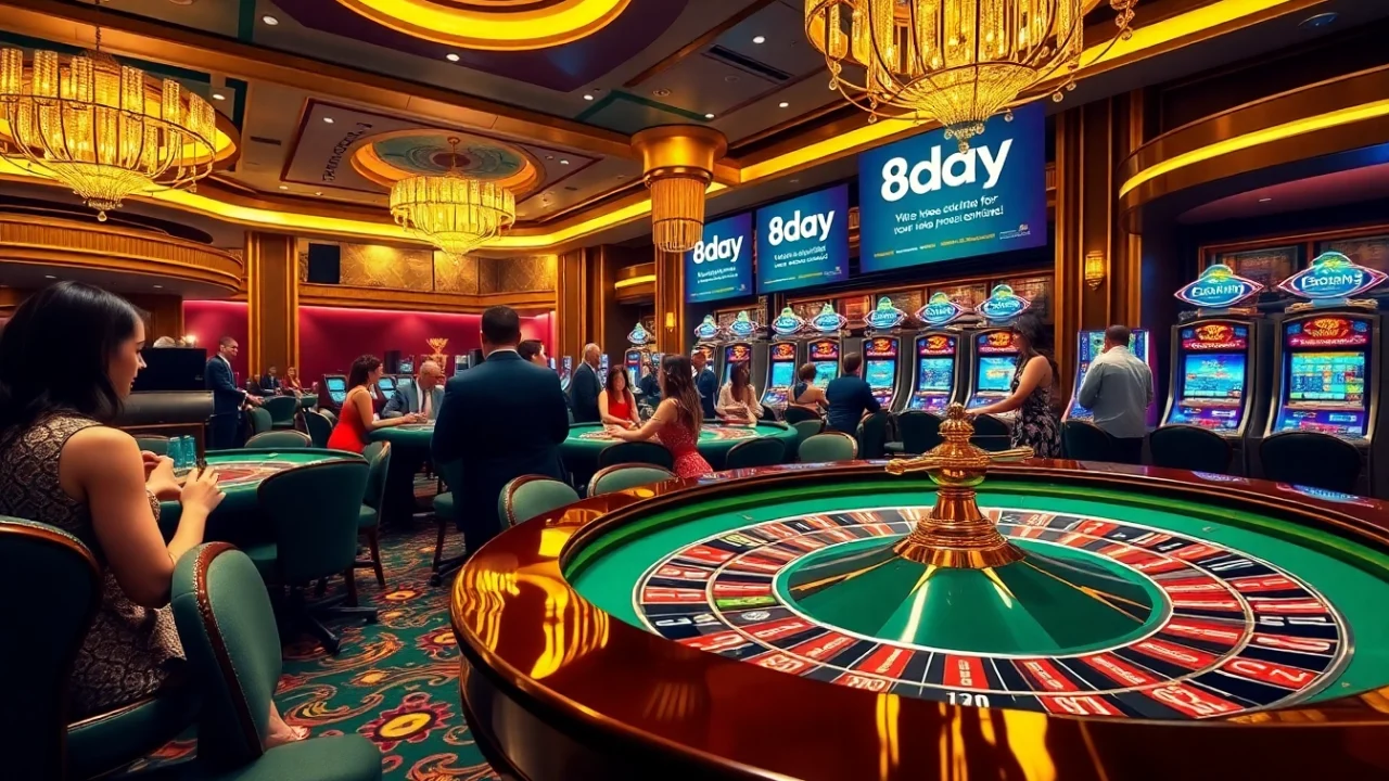 Experience the thrill of 8day's upscale casino environment with players enjoying vibrant gaming tables.