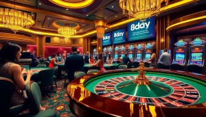 Experience the thrill of 8day's upscale casino environment with players enjoying vibrant gaming tables.