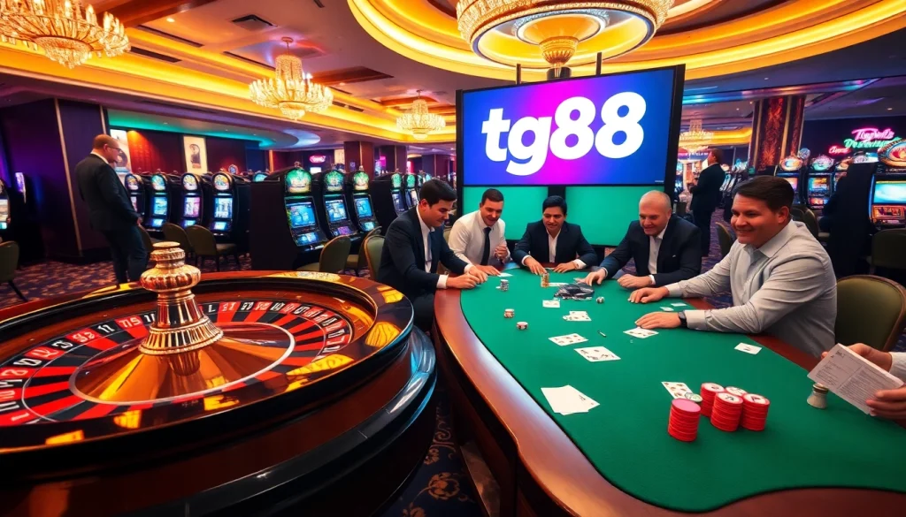 Exciting casino action featuring tg88 logo, roulette wheel, poker table, and vibrant atmosphere.