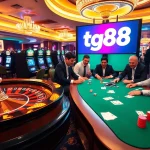 Exciting casino action featuring tg88 logo, roulette wheel, poker table, and vibrant atmosphere.