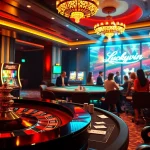 Experience thrilling gameplay at Luckywin casino with vibrant slot machines, roulette, and poker tables.