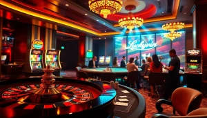 Experience thrilling gameplay at Luckywin casino with vibrant slot machines, roulette, and poker tables.