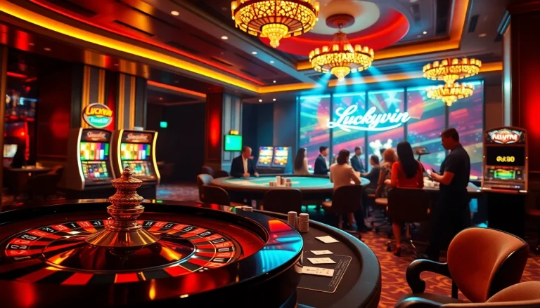 Experience thrilling gameplay at Luckywin casino with vibrant slot machines, roulette, and poker tables.