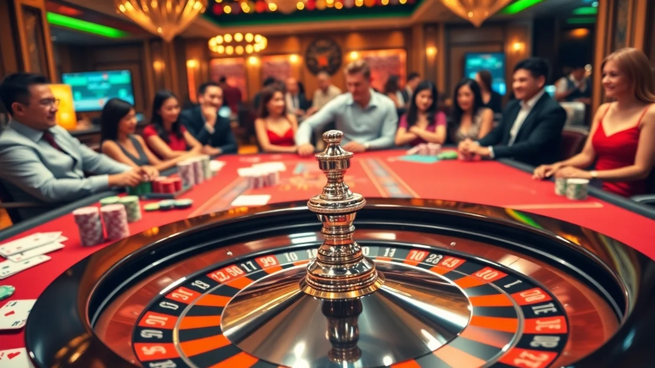 Engaging casino gaming scene showcasing trang chu ev88 with vibrant tables, poker chips, and roulette wheel.