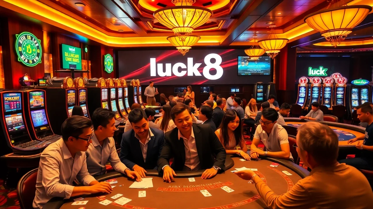 Excited players engaging at the luck8 casino tables, showcasing vibrant gambling action.
