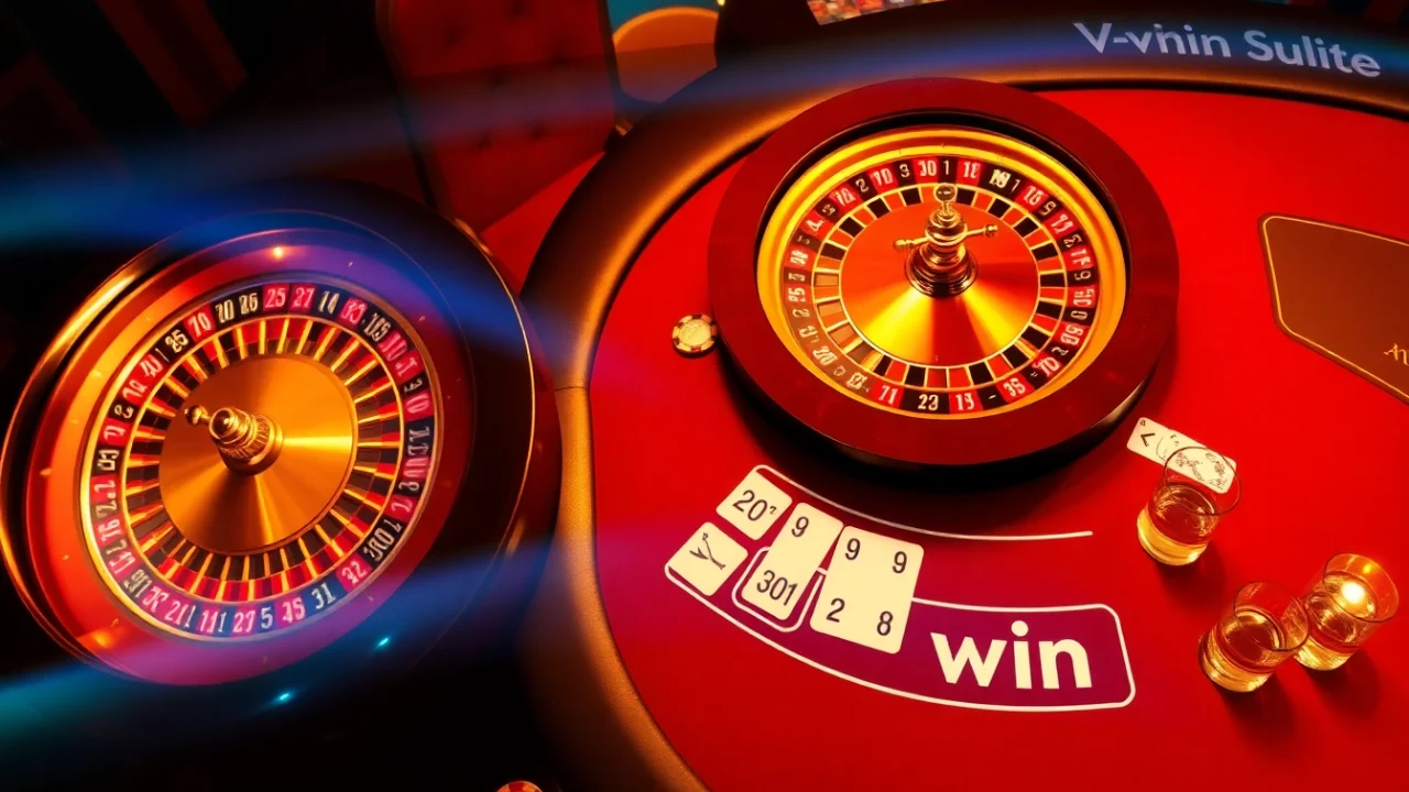 Experience thrilling action at vvvwin with a vibrant casino scene featuring roulette and poker.