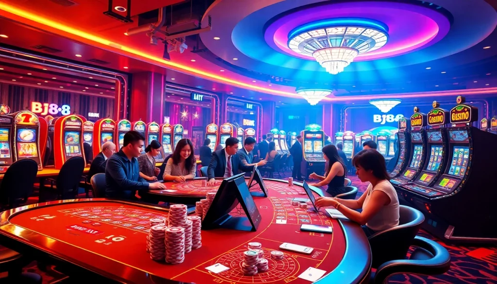 BJ88 users enjoying a vibrant online gambling experience with tables and slot machines.