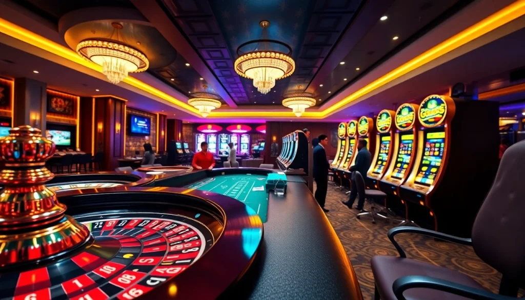 Experience the excitement of gaming at GG88 with vibrant slot machines and a dynamic roulette wheel.