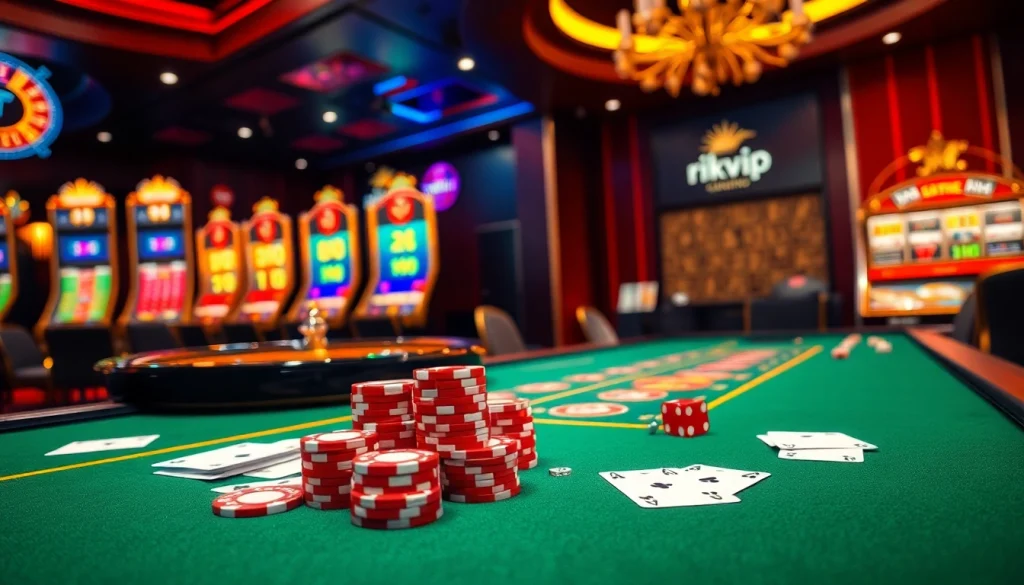 Exciting gaming ambiance featuring rikvip elements, high-quality poker chips, and vibrant casino tables.
