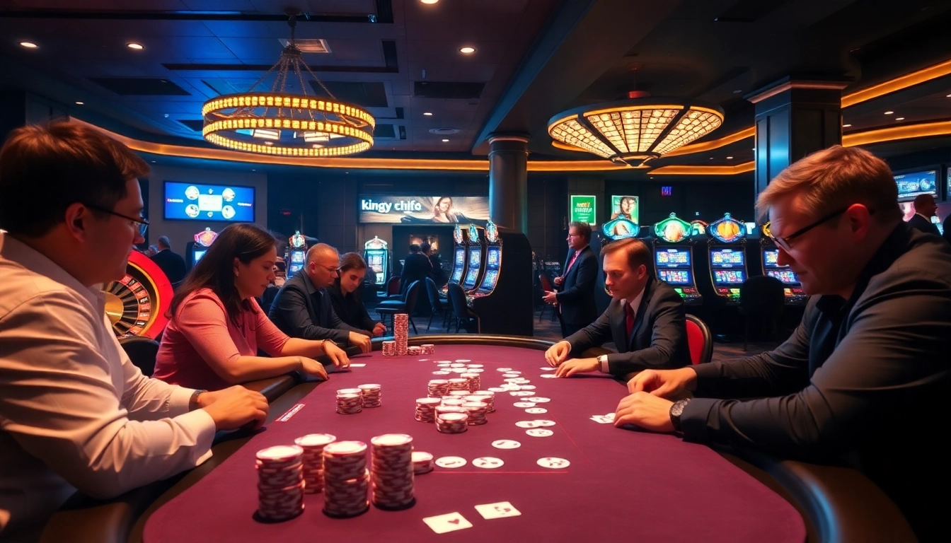 Experience high-stakes gaming at King79 with vibrant poker tables and spinning roulette wheels.