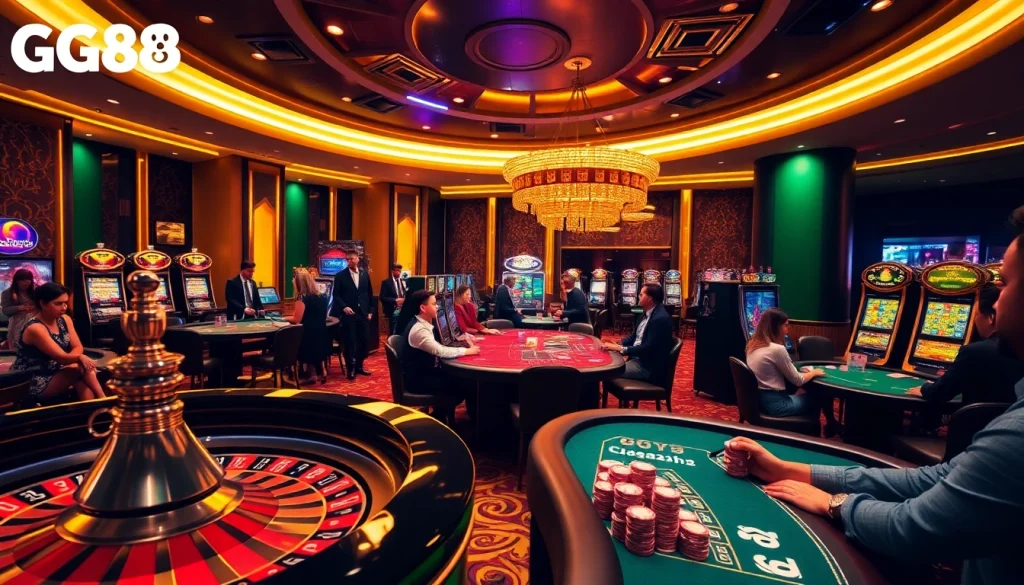 Experience excitement at GG88 with vibrant casino tables and spinning roulette wheels.