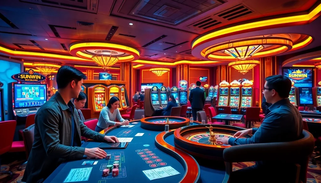 Players enjoying a thrilling experience at SUNWIN casino tables with poker chips and slot machines.