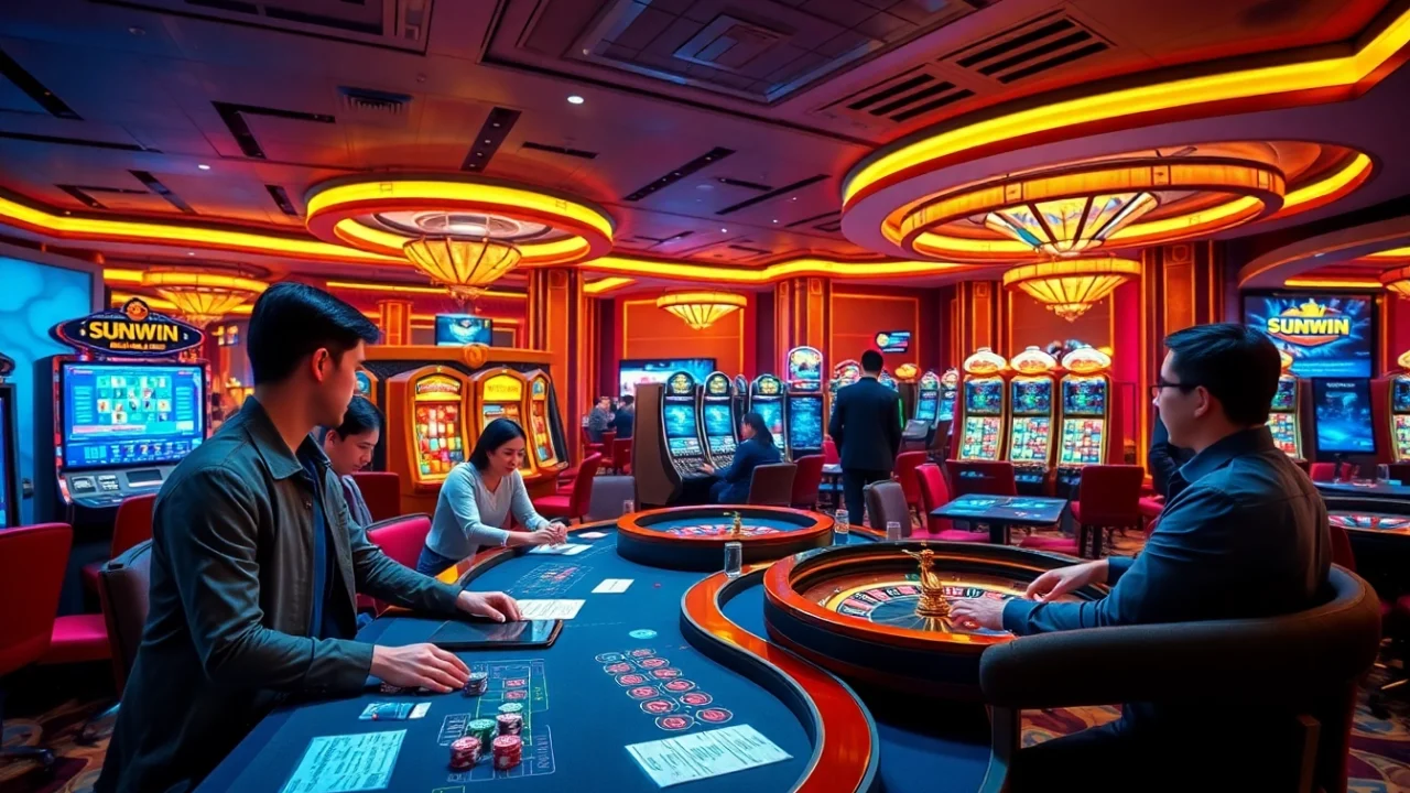 Players enjoying a thrilling experience at SUNWIN casino tables with poker chips and slot machines.