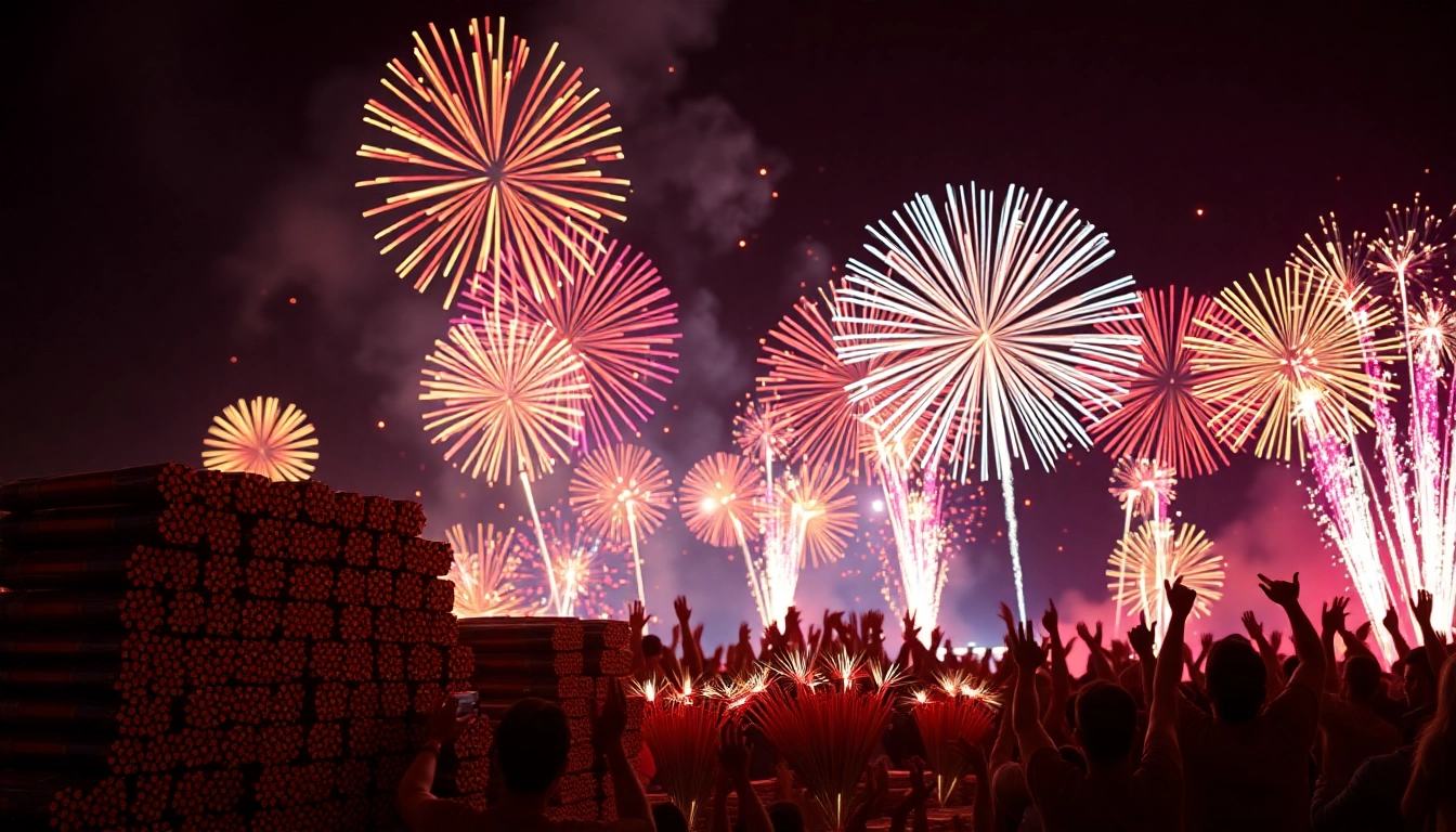 Vibrant wholesale fireworks lighting up the night sky, showcasing colorful displays.