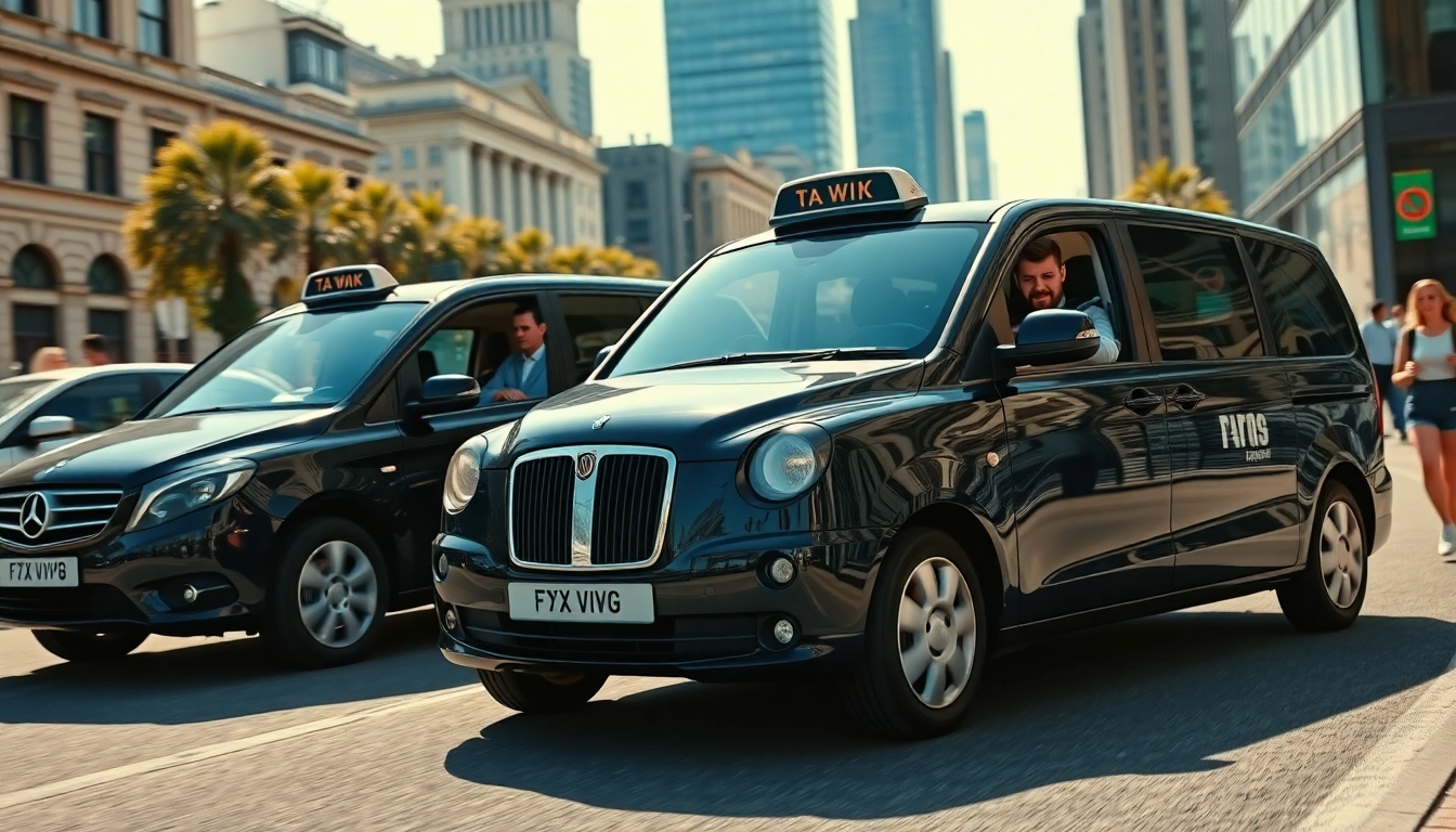 Minicabs waiting for passengers in a busy urban environment, showcasing accessible transportation.