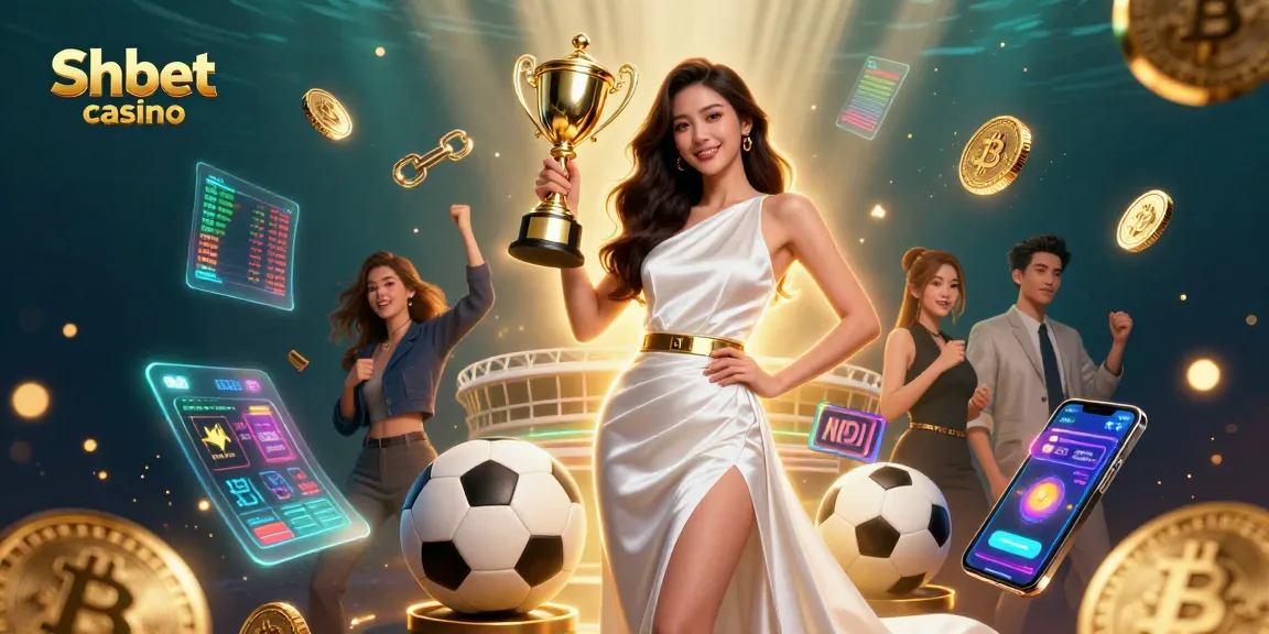 Experience the excitement of Shbet casino with a confident Asian woman holding a trophy surrounded by vibrant 3D gaming elements.