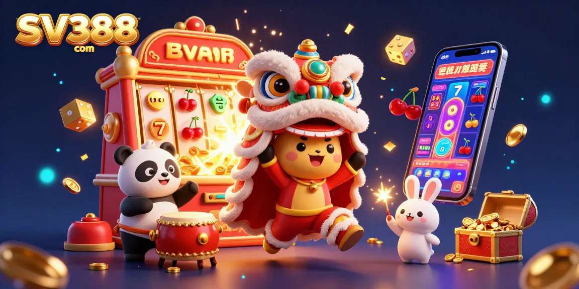 Bet big with SV388 com at this lively casino-themed scene featuring a dancing lion, panda, and rabbit.