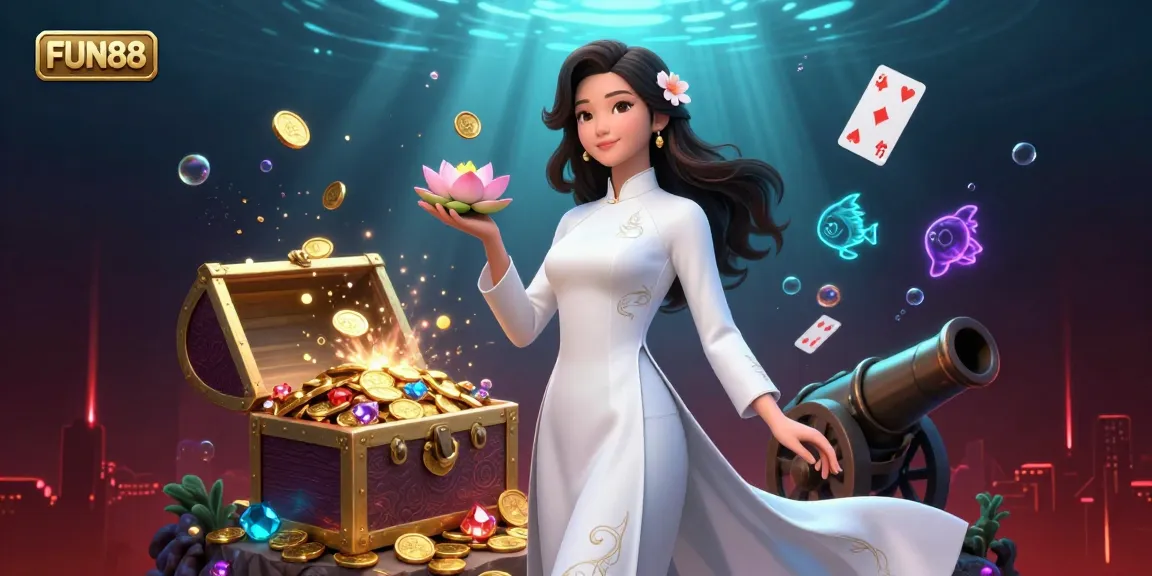 Experience the excitement of FUN88 with a serene Vietnamese woman amidst underwater treasures and vibrant elements.