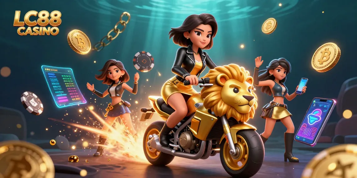 Experience the excitement of LC88 CASINO with vibrant visuals of poker action atop a golden lion.