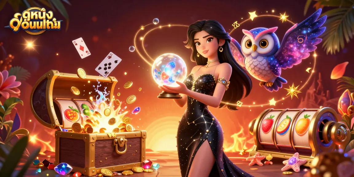 Engage in ดูหนังออนไลน์ with an enchanting scene filled with gold coins, spinning slot reels, and mystical elements.
