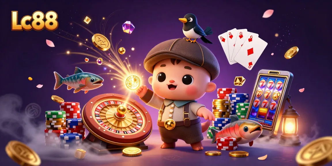 Win at Lc88 with animated characters and vibrant casino elements in a playful 3D illustration.
