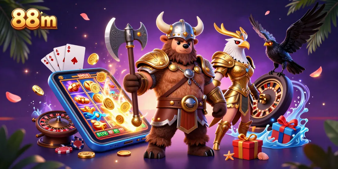 Experience the excitement of 88 m with a vibrant 3D illustration of gaming characters and casino elements.
